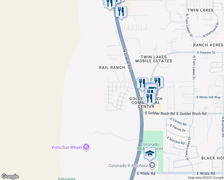 map of restaurants, bars, coffee shops, grocery stores, and more near 15301 North Oracle Road in Tucson