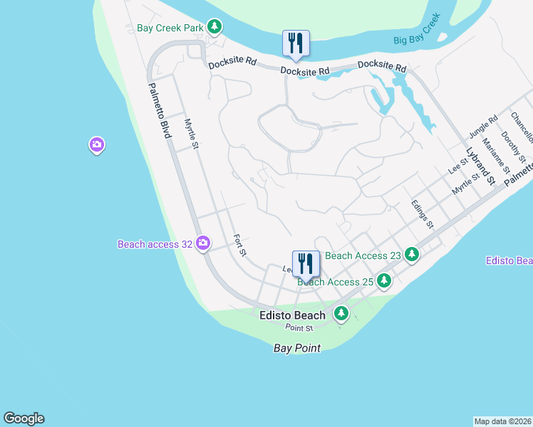 map of restaurants, bars, coffee shops, grocery stores, and more near 839 Fairway Drive in Edisto Island