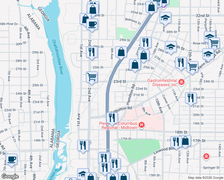 map of restaurants, bars, coffee shops, grocery stores, and more near 411 21st Street in Columbus