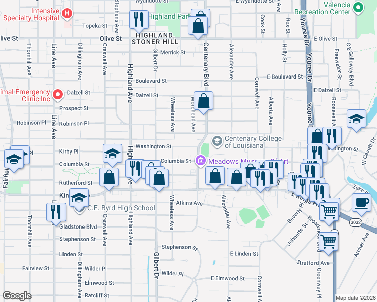map of restaurants, bars, coffee shops, grocery stores, and more near 221 Washington Street in Shreveport
