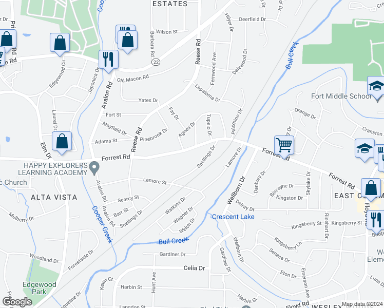 map of restaurants, bars, coffee shops, grocery stores, and more near 4414 Forrest Road in Columbus