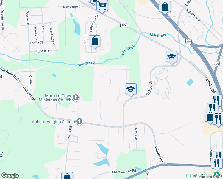 map of restaurants, bars, coffee shops, grocery stores, and more near 2407 Ridge Wood Drive in Phenix City