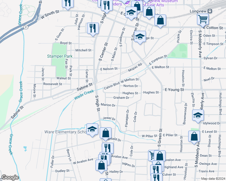 map of restaurants, bars, coffee shops, grocery stores, and more near 407 Graham Drive in Longview