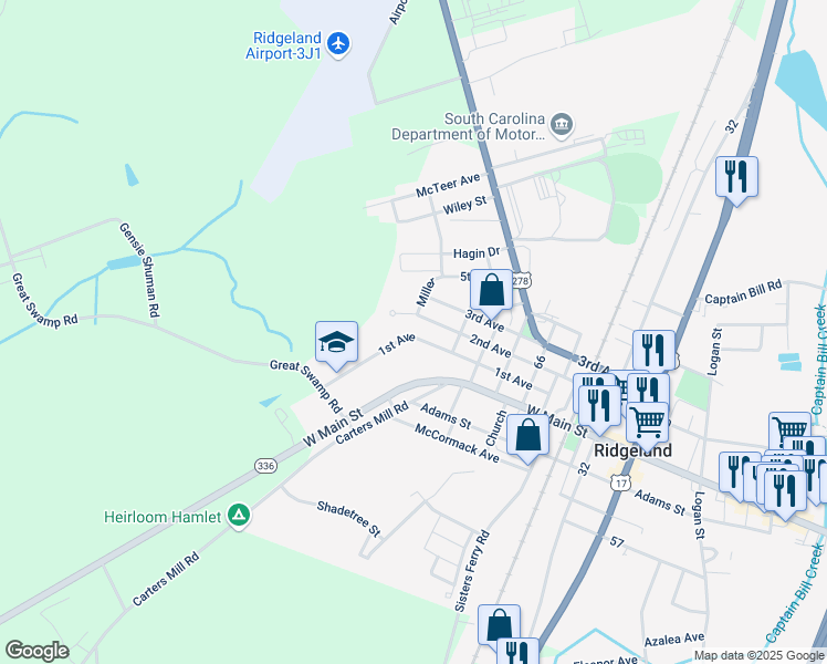 map of restaurants, bars, coffee shops, grocery stores, and more near 800 State Road S-27-68 in Ridgeland