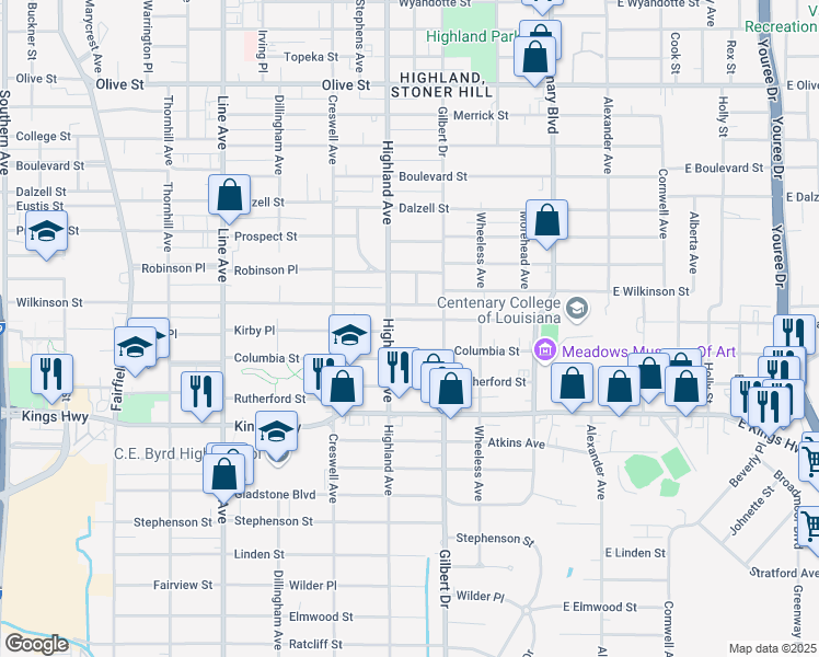 map of restaurants, bars, coffee shops, grocery stores, and more near 437 Washington Street in Shreveport