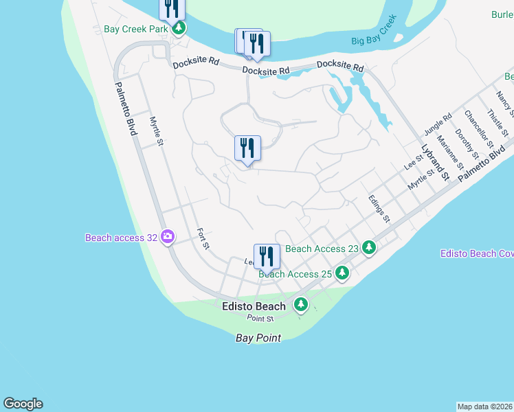 map of restaurants, bars, coffee shops, grocery stores, and more near 534B Oristo Ridge in Edisto Island