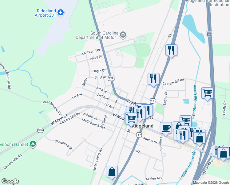 map of restaurants, bars, coffee shops, grocery stores, and more near Town Square in Ridgeland