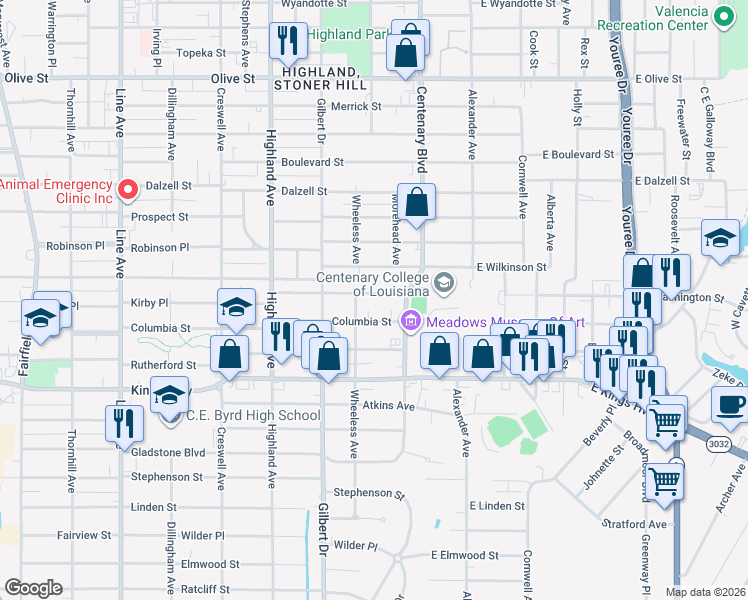 map of restaurants, bars, coffee shops, grocery stores, and more near 243 Washington Street in Shreveport