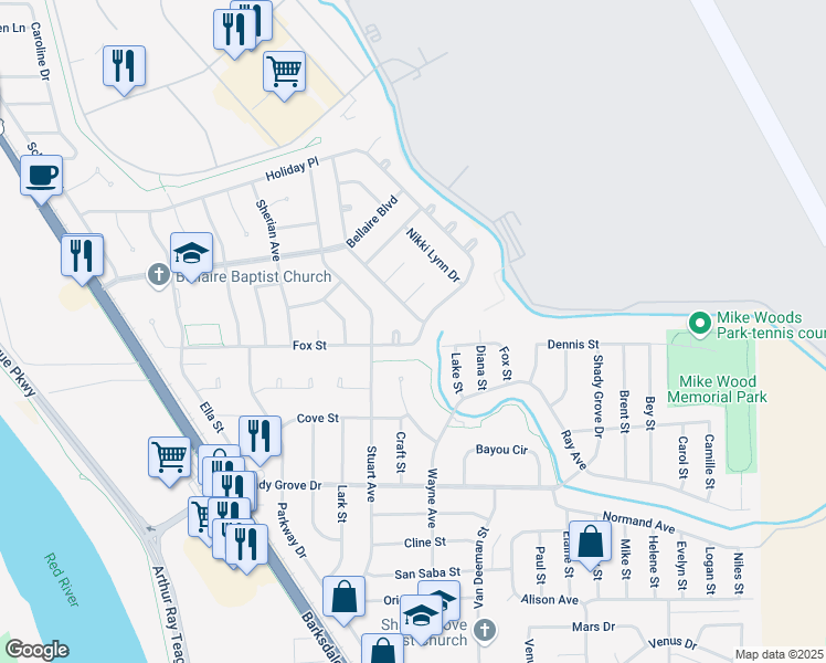 map of restaurants, bars, coffee shops, grocery stores, and more near 1517 Fox Street in Bossier City