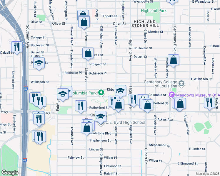 map of restaurants, bars, coffee shops, grocery stores, and more near 616 Columbia Street in Shreveport