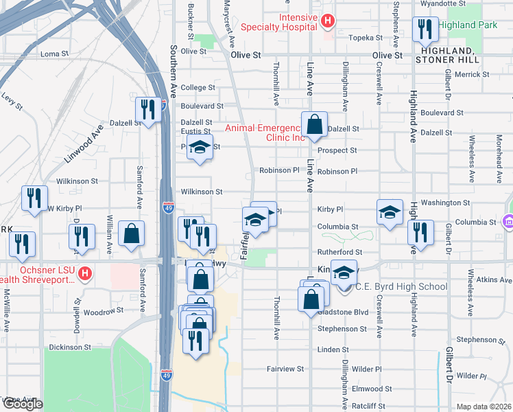 map of restaurants, bars, coffee shops, grocery stores, and more near 11523 Common Street in Shreveport