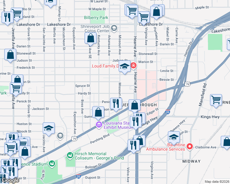 map of restaurants, bars, coffee shops, grocery stores, and more near 2814 Hardy Street in Shreveport