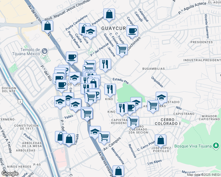 map of restaurants, bars, coffee shops, grocery stores, and more near in Tijuana