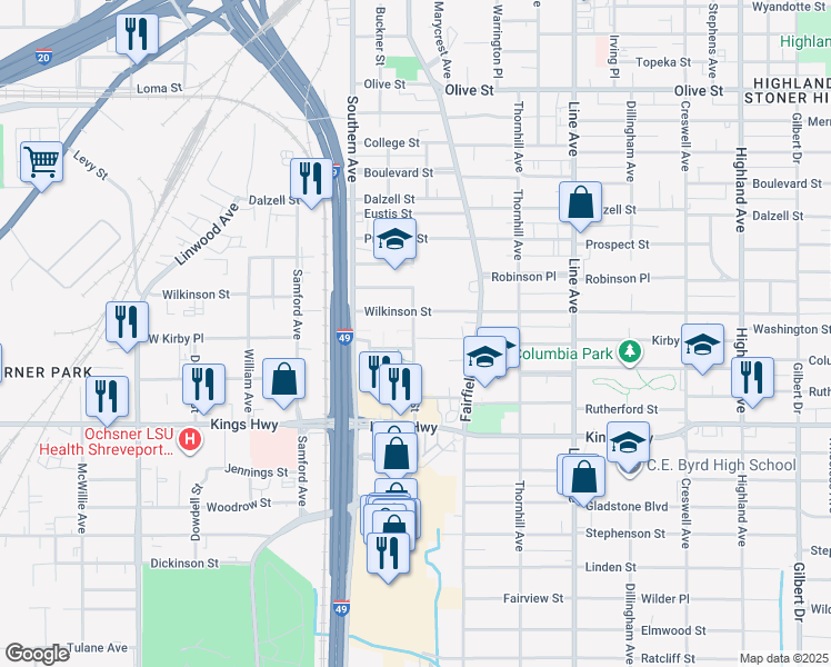 map of restaurants, bars, coffee shops, grocery stores, and more near 1068 Blanchard Place in Shreveport