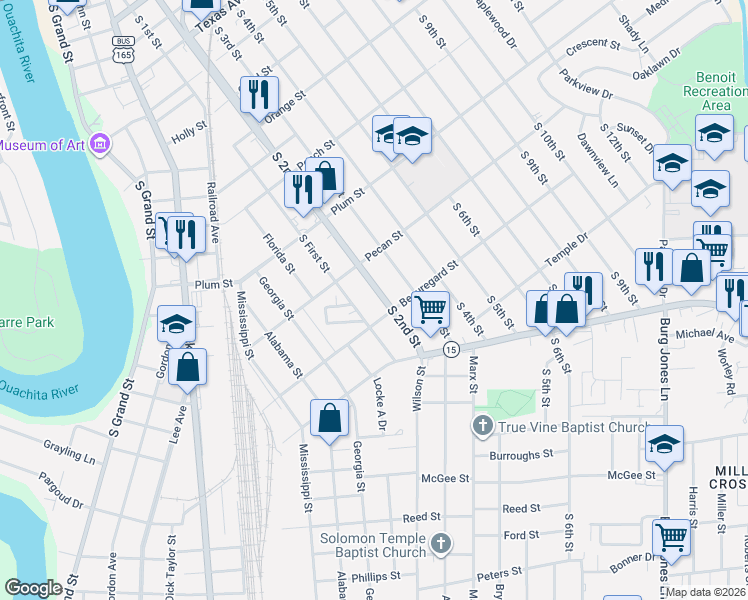 map of restaurants, bars, coffee shops, grocery stores, and more near 1502 S 2nd St in Monroe