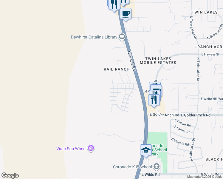 map of restaurants, bars, coffee shops, grocery stores, and more near 15301 North Oracle Road in Tucson