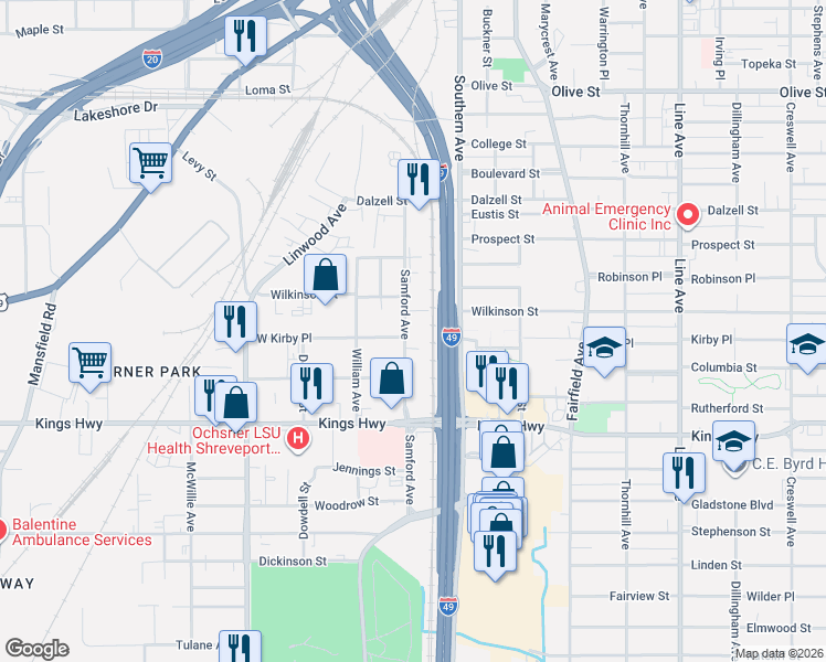map of restaurants, bars, coffee shops, grocery stores, and more near 1227 Wilkinson Street in Shreveport