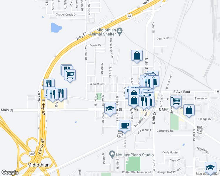 map of restaurants, bars, coffee shops, grocery stores, and more near North 3rd Street in Midlothian