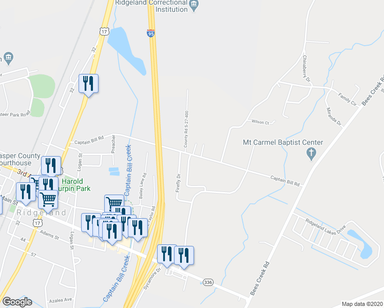 map of restaurants, bars, coffee shops, grocery stores, and more near 617 Captain Bill Road in Ridgeland