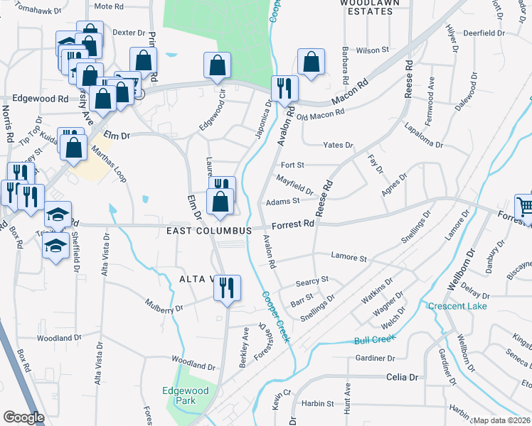 map of restaurants, bars, coffee shops, grocery stores, and more near 4221 Adams Street in Columbus