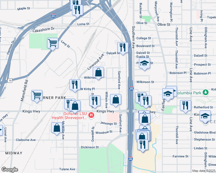 map of restaurants, bars, coffee shops, grocery stores, and more near 2713 William Avenue in Shreveport