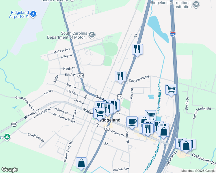 map of restaurants, bars, coffee shops, grocery stores, and more near 206 Ivy Street in Ridgeland