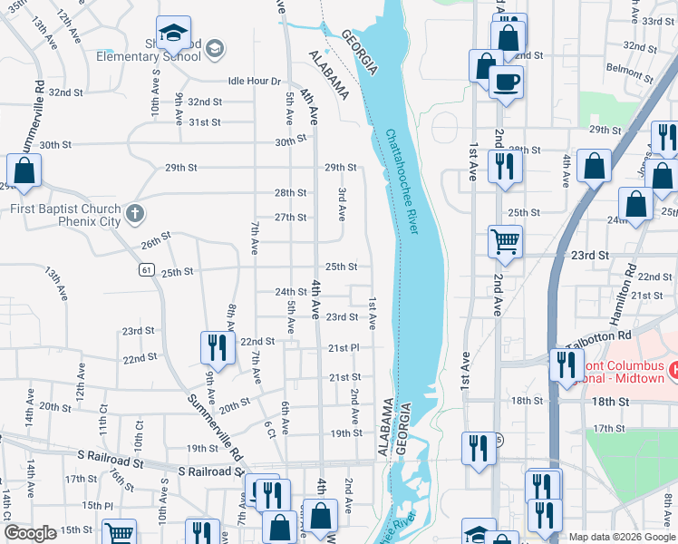 map of restaurants, bars, coffee shops, grocery stores, and more near 202 25th Street in Phenix City