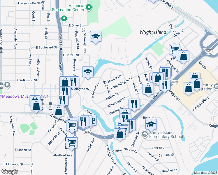 map of restaurants, bars, coffee shops, grocery stores, and more near 802 East Washington Street in Shreveport