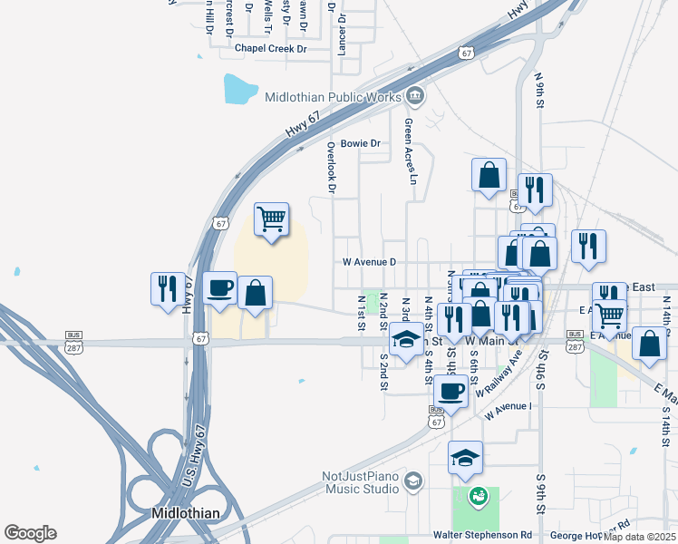 map of restaurants, bars, coffee shops, grocery stores, and more near 314 Overlook Drive in Midlothian