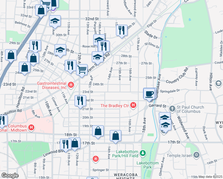 map of restaurants, bars, coffee shops, grocery stores, and more near 1426 24th Street in Columbus