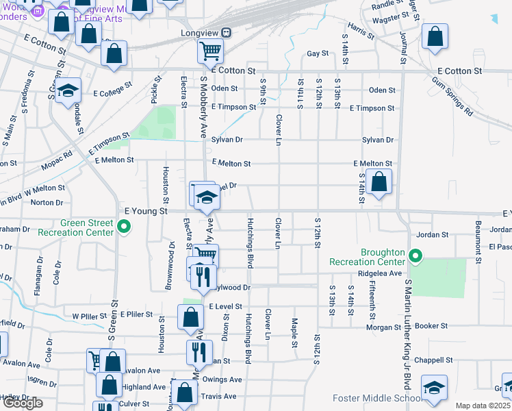 map of restaurants, bars, coffee shops, grocery stores, and more near 505 Aden Drive in Longview