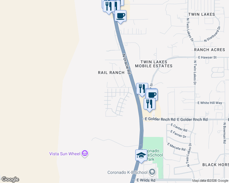 map of restaurants, bars, coffee shops, grocery stores, and more near 15301 North Oracle Road in Tucson