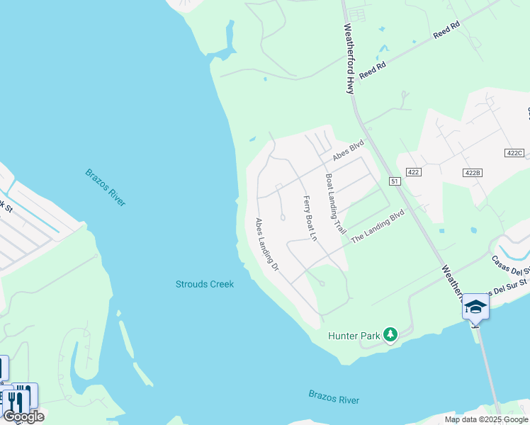 map of restaurants, bars, coffee shops, grocery stores, and more near 3501 Abes Landing Drive in Granbury