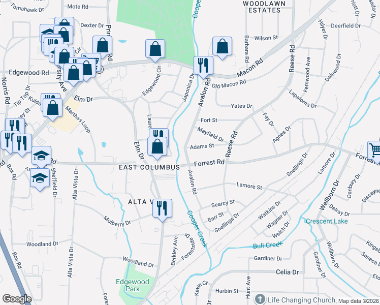 map of restaurants, bars, coffee shops, grocery stores, and more near 4221 Adams Street in Columbus