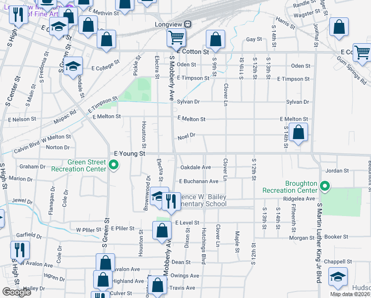 map of restaurants, bars, coffee shops, grocery stores, and more near 506 Noel Drive in Longview