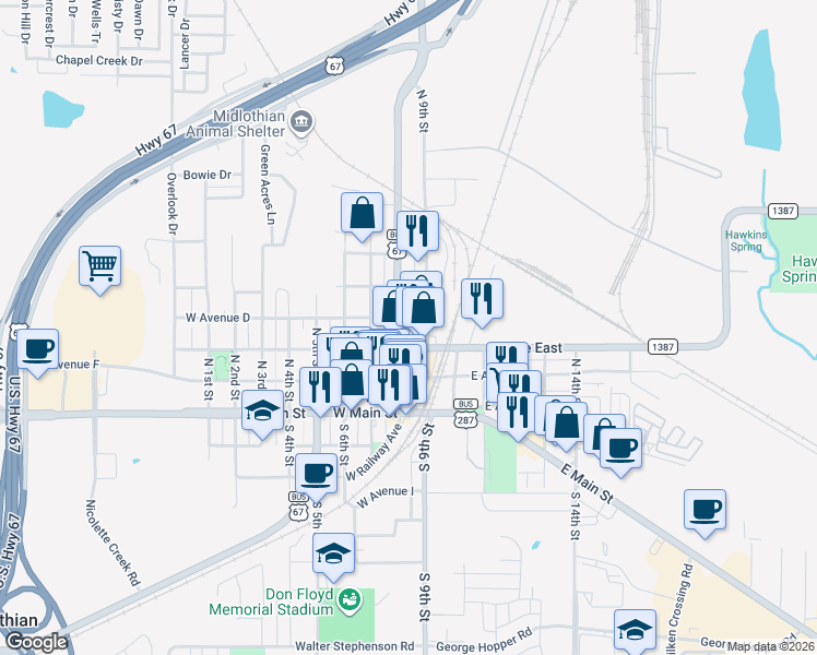 map of restaurants, bars, coffee shops, grocery stores, and more near 330 North 8th Street in Midlothian