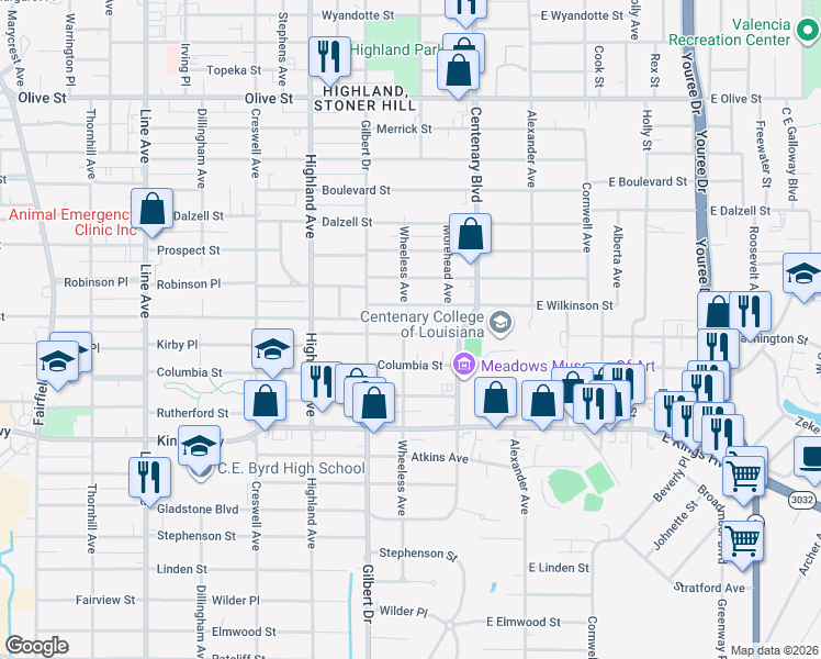 map of restaurants, bars, coffee shops, grocery stores, and more near 259 Wilkinson Street in Shreveport