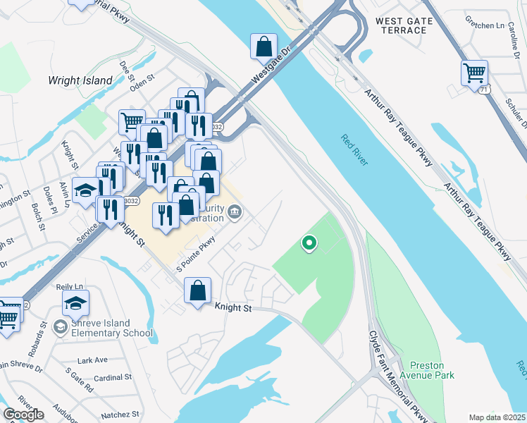 map of restaurants, bars, coffee shops, grocery stores, and more near 3601 Dee Street in Shreveport