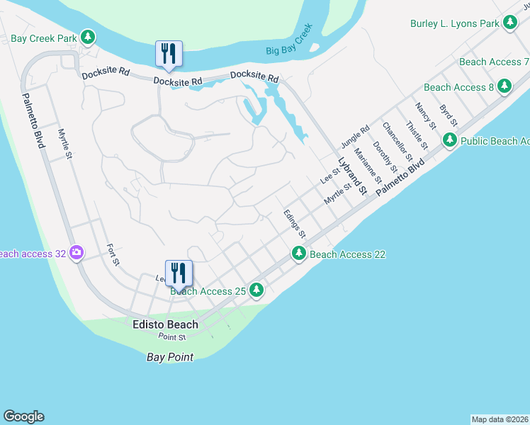 map of restaurants, bars, coffee shops, grocery stores, and more near 502 Magnolia Lane in Edisto Island