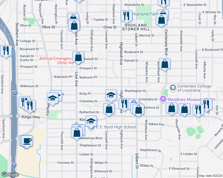 map of restaurants, bars, coffee shops, grocery stores, and more near 536 Wilkinson Street in Shreveport