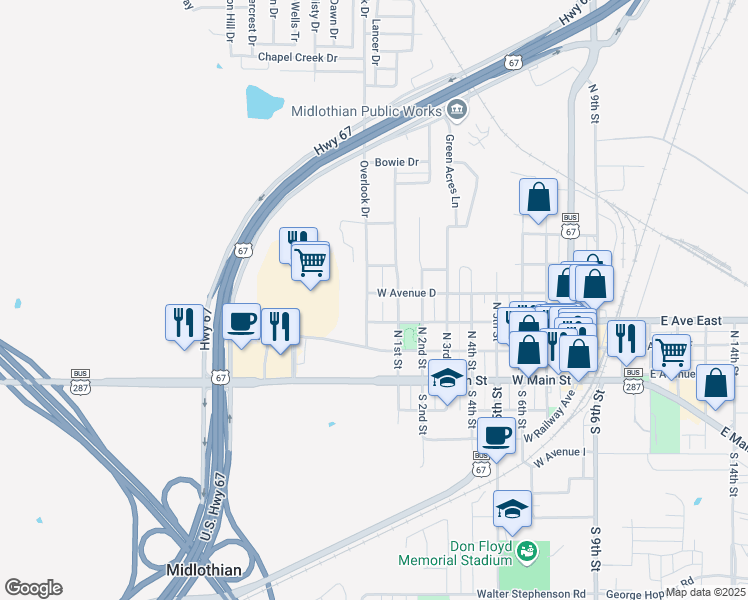 map of restaurants, bars, coffee shops, grocery stores, and more near 402 Overlook Drive in Midlothian