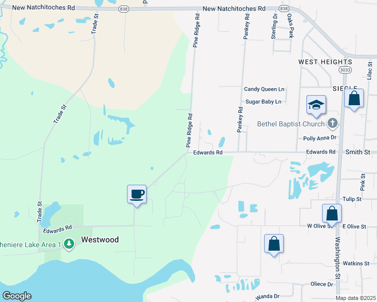 map of restaurants, bars, coffee shops, grocery stores, and more near 499 Pine Ridge Rd in West Monroe