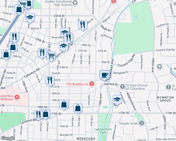 map of restaurants, bars, coffee shops, grocery stores, and more near 1526 24th Street in Columbus
