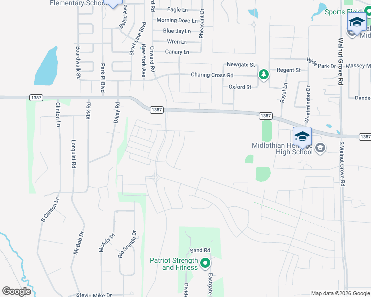 map of restaurants, bars, coffee shops, grocery stores, and more near 2969 Farm to Market Road 1387 in Midlothian