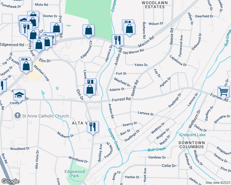 map of restaurants, bars, coffee shops, grocery stores, and more near 4221 Adams Street in Columbus