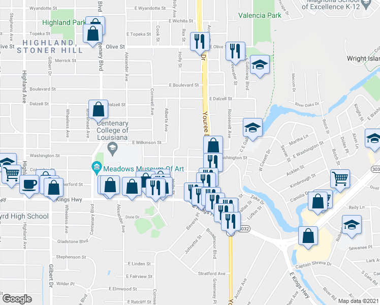 map of restaurants, bars, coffee shops, grocery stores, and more near 400 East Washington Street in Shreveport