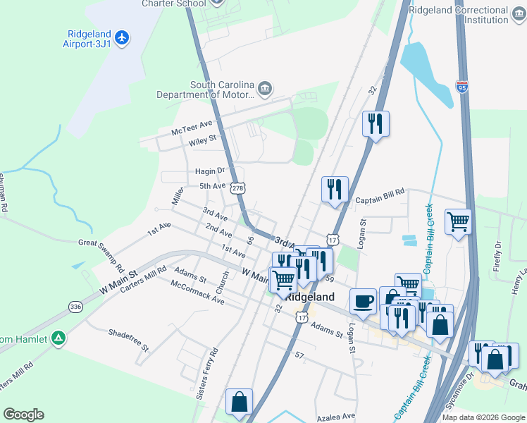 map of restaurants, bars, coffee shops, grocery stores, and more near Town Square in Ridgeland
