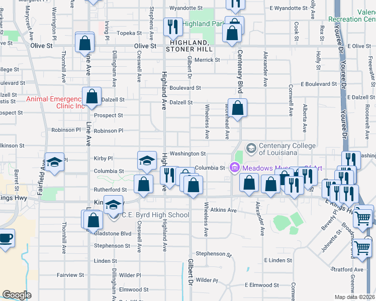map of restaurants, bars, coffee shops, grocery stores, and more near 2627 Dillard Street in Shreveport