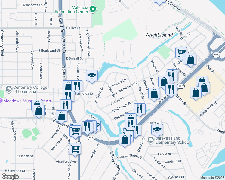 map of restaurants, bars, coffee shops, grocery stores, and more near 811 Martha Lane in Shreveport