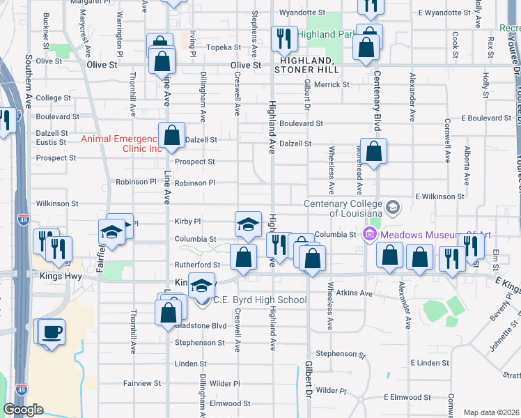 map of restaurants, bars, coffee shops, grocery stores, and more near 536 Wilkinson Street in Shreveport
